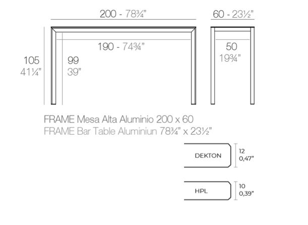 Masa exterior inalta Frame 200x60x105 cm, blat HPL/DEKTON®, picioare aluminiu, 54244FM DANAE - Vondom [2]