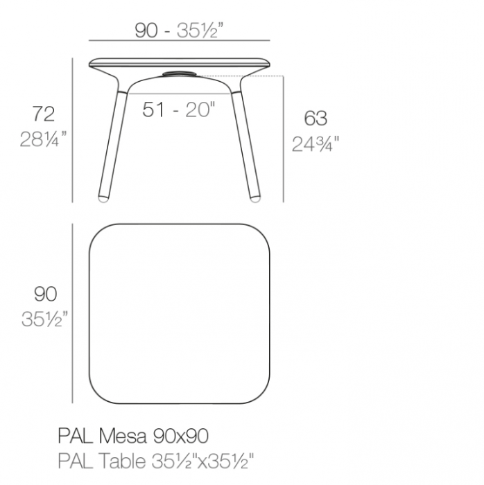 Masa exterior Pal 90x90x72 cm, rasina din polietilena, design modern, 51026 - Vondom [2]