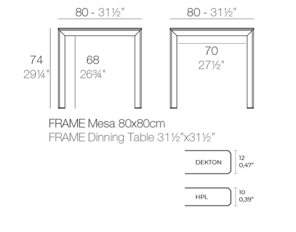 Masa exterior patrata Frame 80x80x74 cm, blat HPL/DEKTON®, picioare aluminiu, 54232FM KELYA - Vondom [3]