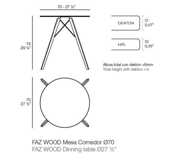 Masa exterior rotunda Faz √∏70x74 cm, blat HPL/DEKTON®, picioare lemn, 54312 BE B - Vondom [4]