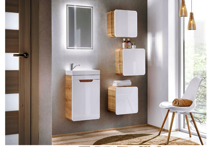 Masca baie Aruba White 40 cm, MDF alb lucios, stejar auriu, COMAD [3]