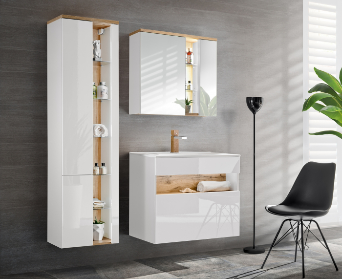 Masca lavoar baie 60 cm, MDF alb lucios, stejar auriu, Bahama White COMAD [3]