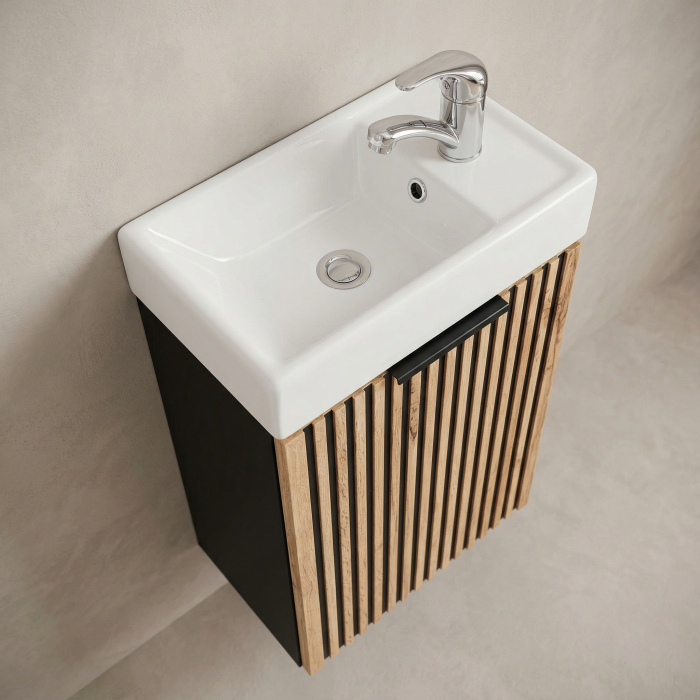 Masca lavoar baie suspendata Xilo, 40/60/80/100 cm, MDF + PAL, stejar cu insertii negre, COMAD [11]