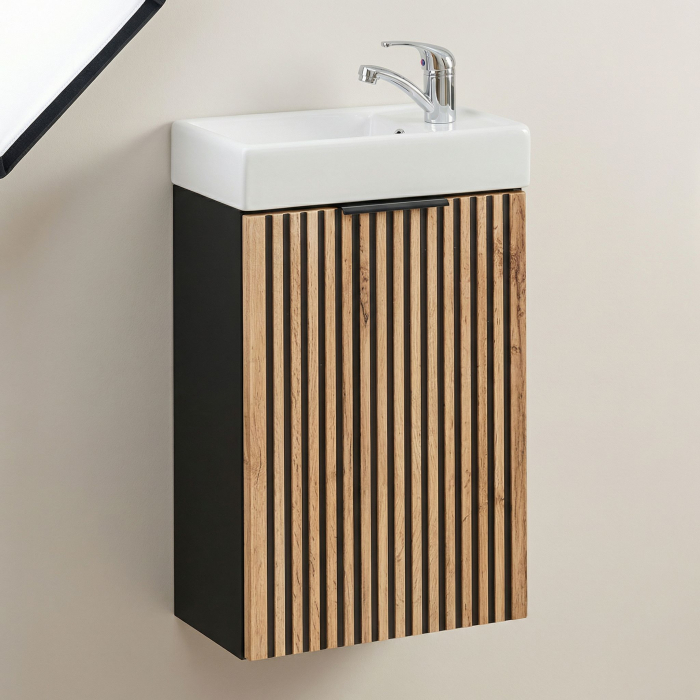 Masca lavoar baie suspendata Xilo, 40/60/80/100 cm, MDF + PAL, stejar cu insertii negre, COMAD [7]