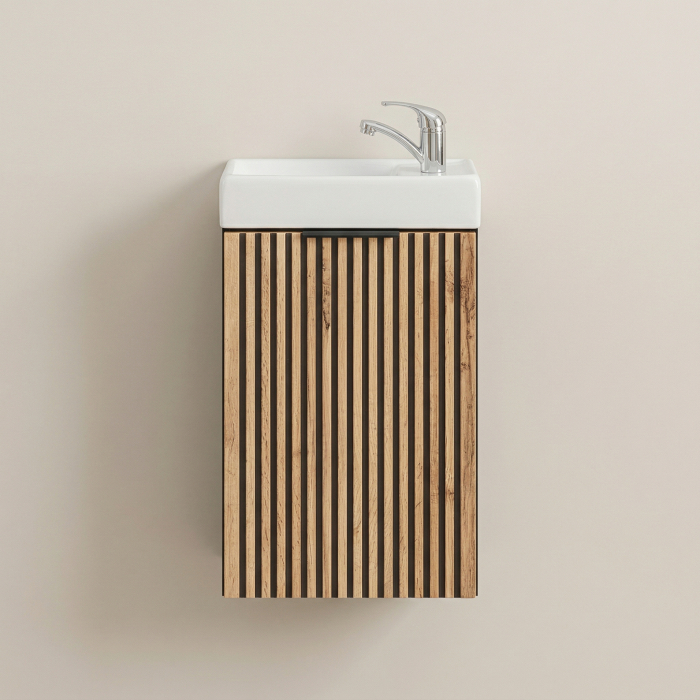 Masca lavoar baie suspendata Xilo, 40/60/80/100 cm, MDF + PAL, stejar cu insertii negre, COMAD [6]