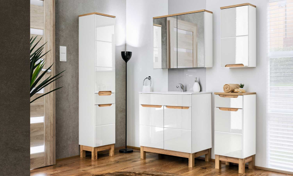 Masca lavoar baie 50 cm, Bali White, MDF alb lucios, stejar auriu, COMAD [5]