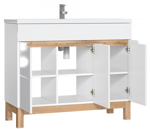 Masca lavoar baie 100 cm, MDF alb lucios, stejar auriu, Bali White COMAD [2]