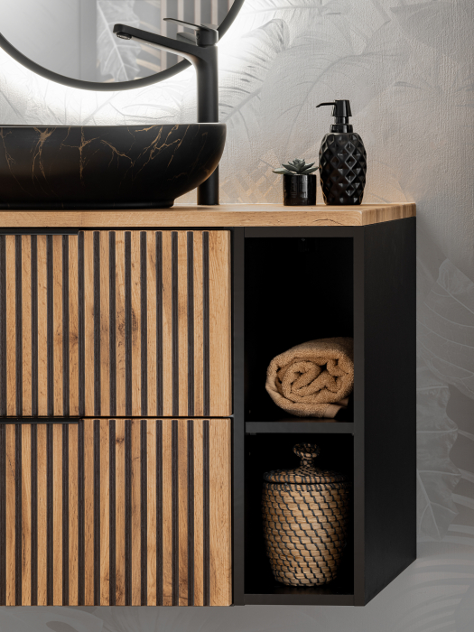 Masca lavoar suspendata baie Xilo, 40/60/80/100 cm, MDF + PAL, stejar cu insertii negre, COMAD [6]