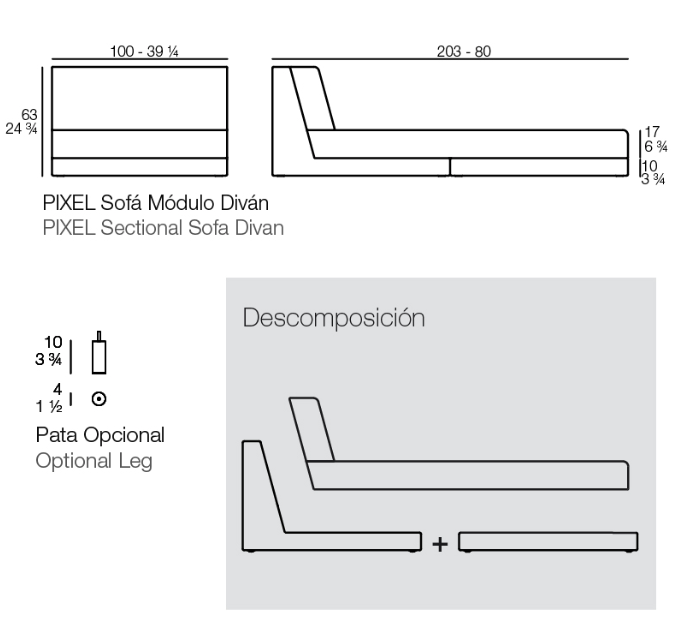 Modul mijloc sezut adanc L canapea premium Pixel pentru exterior 100x203x63 cm, 54280 - Vondom [2]