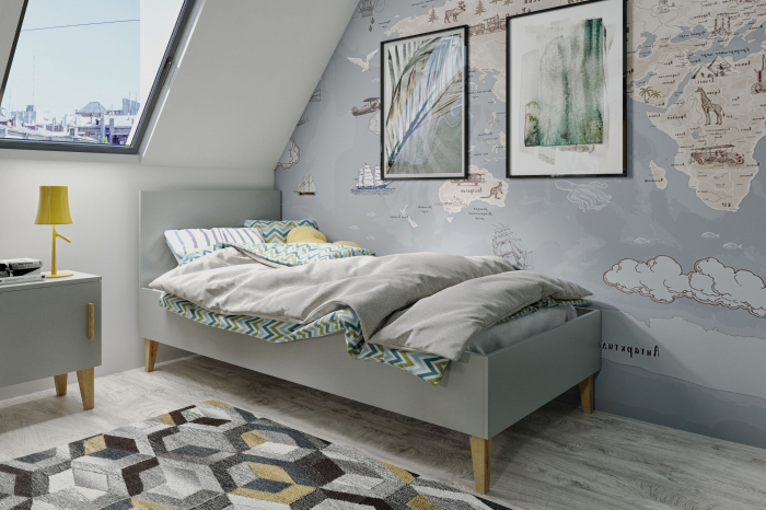 Noptiera Kubi alb/gri, stil scandinav, elemente lemn masiv [4]