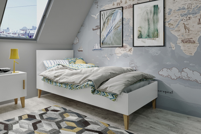 Noptiera Kubi alb/gri, stil scandinav, elemente lemn masiv [3]