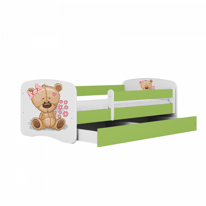 Pat copii cu desen ursulet Babydream 140/160/180 cm, MDF diverse culori, sertar si saltea [1]