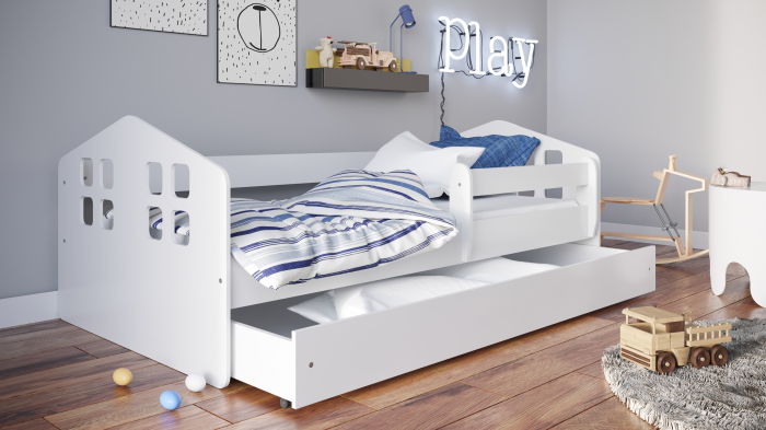 Pat copii in forma casuta Kacper cu sertar 140/160/180 cm, MDF alb [4]