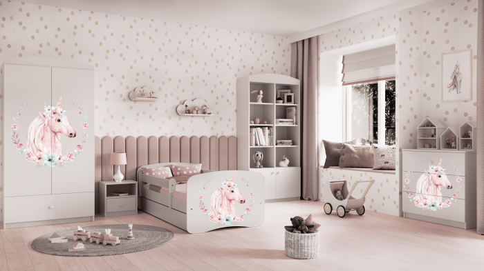 Pat fetite MDF cu desen unicorn Babydream, 140/160/180 cm diverse culori , sertar si saltea [4]