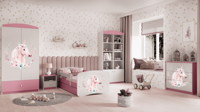 Pat fetite MDF cu desen unicorn Babydream, 140/160/180 cm diverse culori , sertar si saltea [4]