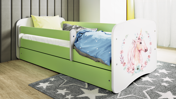 Pat fetite MDF cu desen unicorn Babydream, 140/160/180 cm diverse culori , sertar si saltea [4]