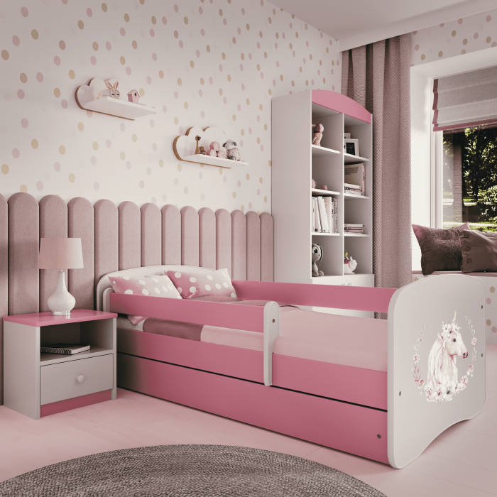 Pat fetite MDF cu desen unicorn Babydream, 140/160/180 cm diverse culori , sertar si saltea [5]