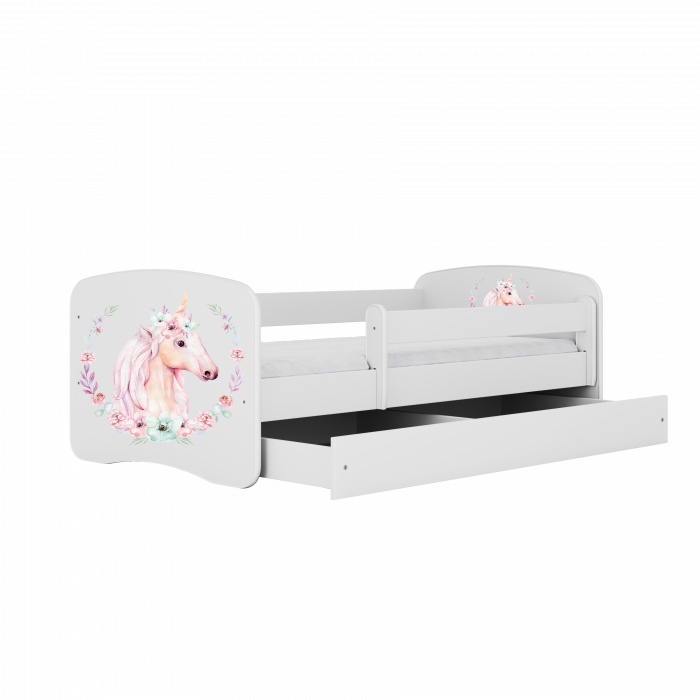 Pat fetite MDF cu desen unicorn Babydream, 140/160/180 cm diverse culori , sertar si saltea [4]
