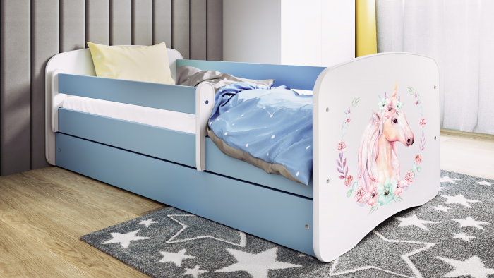 Pat fetite MDF cu desen unicorn Babydream, 140/160/180 cm diverse culori , sertar si saltea [4]