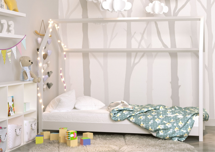 Pat montessori alb in forma de casuta Bella din lemn masiv pin, 160/180/200 cm, design scandinav [2]