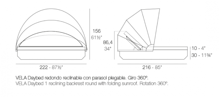 Pat sezlong rotund pentru piscina/gradina Vela Round Ø210 cm cu copertina retractabila, spatar rabatabil si iluminare LED optionala, 54188 - Vondom [2]
