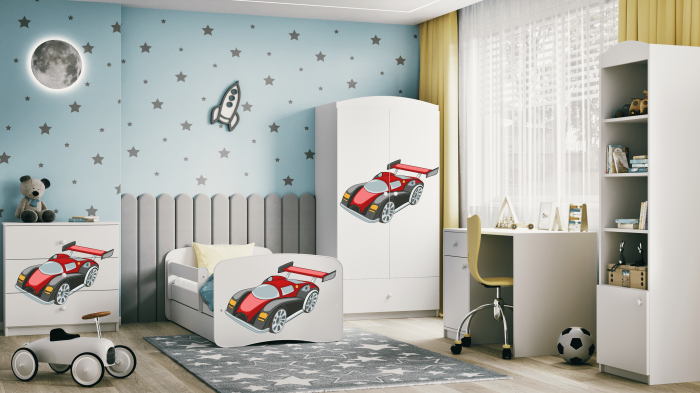 Patut baieti cu desen masina Babydream si saltea, 140/160/180 cm, MDF diverse culori [5]