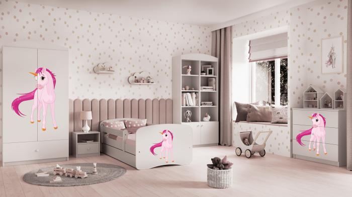 Patut fetite cu desen unicorn Babydream 140/160/180 cm, MDF diverse culori, sertar [3]