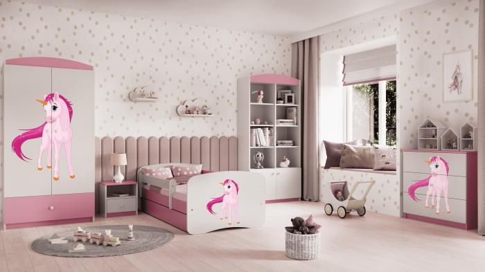Patut fetite cu desen unicorn Babydream 140/160/180 cm, MDF diverse culori, sertar [3]