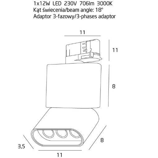 Spot pe sina ajustabil alb iluminare LED Akan 11x3,5x16,3 cm din metal, adaptor trifazic, S0001 - Maxlight [3]