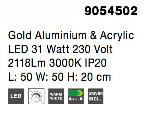 Plafoniera eleganta Wavy 50 cm aurie cu abajur transparent acril, LED 31W, 9054502 - Novaluce [5]