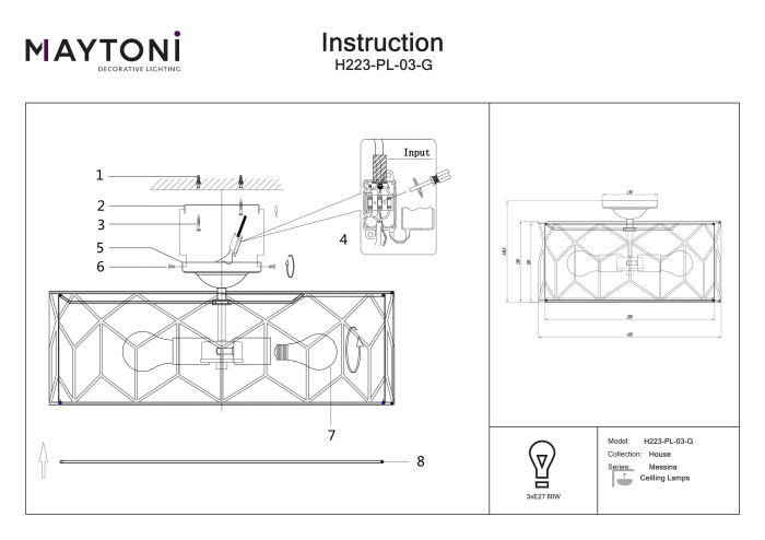 Plafonieră Messina, Metal Auriu, 60W, MAYTONI H223-PL-03-G [2]