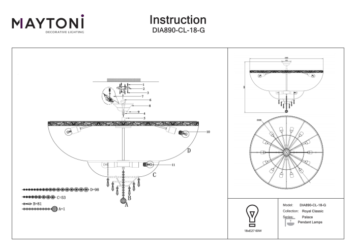 Plafonieră PALACE, Metal Auriu, 60W, MAYTONI DIA890-CL-18-G [2]