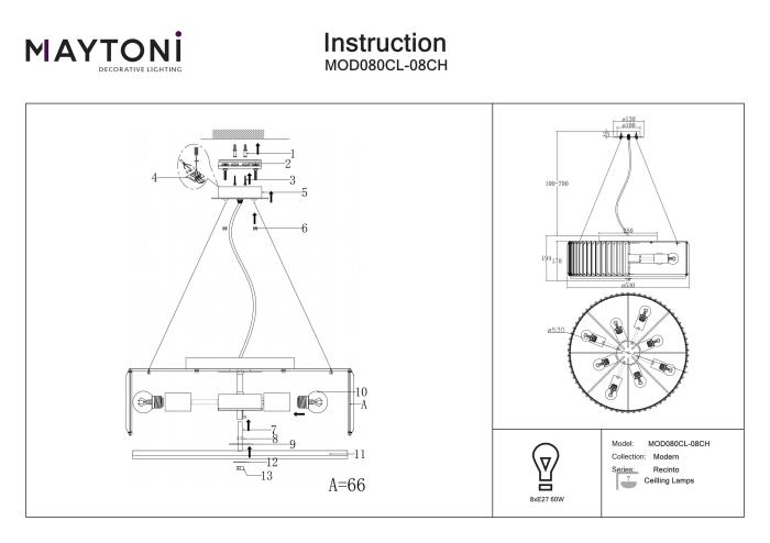 Plafonieră Recinto, Metal Crom, 60W, MAYTONI MOD080CL-08CH [2]