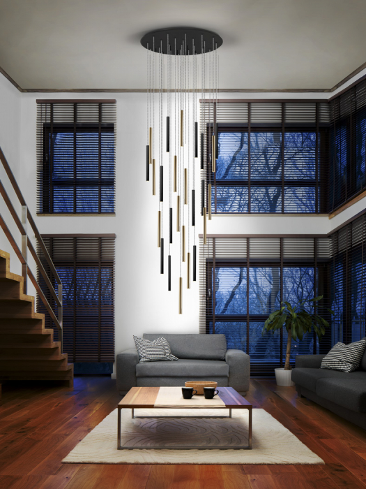 Plafoniera rotunda de lux cu 25 pendule negre si aurii LED dimabil Kimber Ø90 cm, 373968 - Schuller [2]
