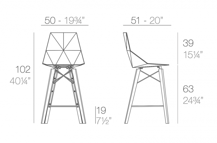 Scaun bar terasa Faz fara brate 50x51x102 cm picioare lemn, model geometric modern, 54303 - Vondom [2]