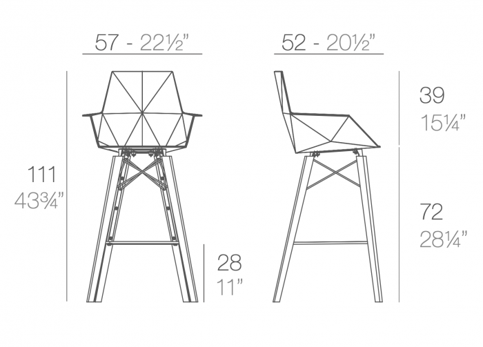 Scaun inalt bar terasa Faz cu brate 57x52x111 cm picioare lemn, model geometric modern, 54302 - Vondom [2]