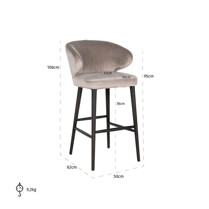 Scaun inalt de bar catifea bej/gri lux Luis, picioare lemn negru, S4496 KHAKI VELVET - Richmond Interiors [5]