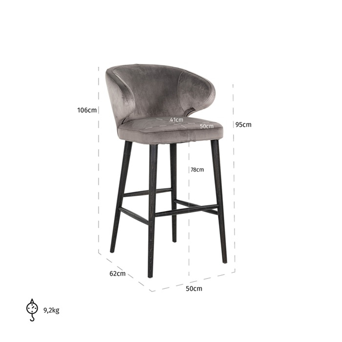 Scaun inalt de bar catifea bej/gri lux Luis, picioare lemn negru, S4496 KHAKI VELVET - Richmond Interiors [9]