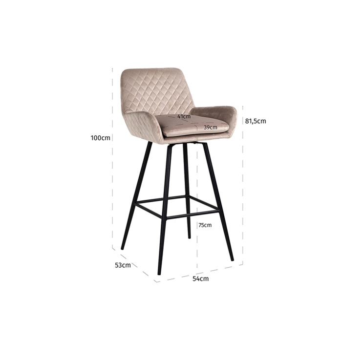 Scaun inalt de bar catifea premium Gal verde/bej/gri, picioare metal negru, cu brate, S4462 KHAKI VELVET - Richmond Interiors [5]