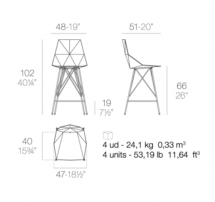 Scaun inalt de bar terasa Faz 50x51x102 cm fara brate, model modern geometric, baza metal, 54163 - Vondom [2]