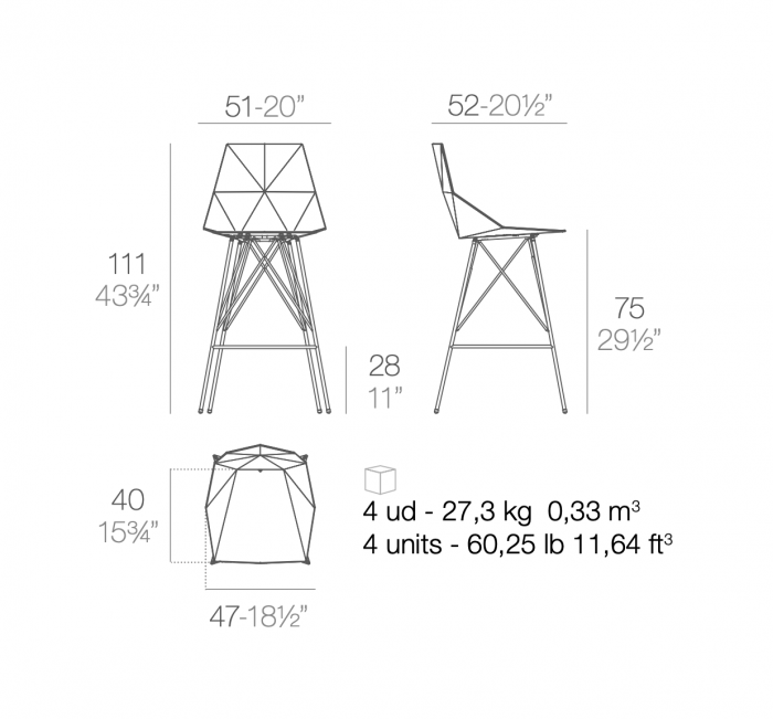 Scaun inalt de bar terasa Faz 50x51x111 cm fara brate, model modern geometric, baza metal, 54162 WHITE - Vondom [2]