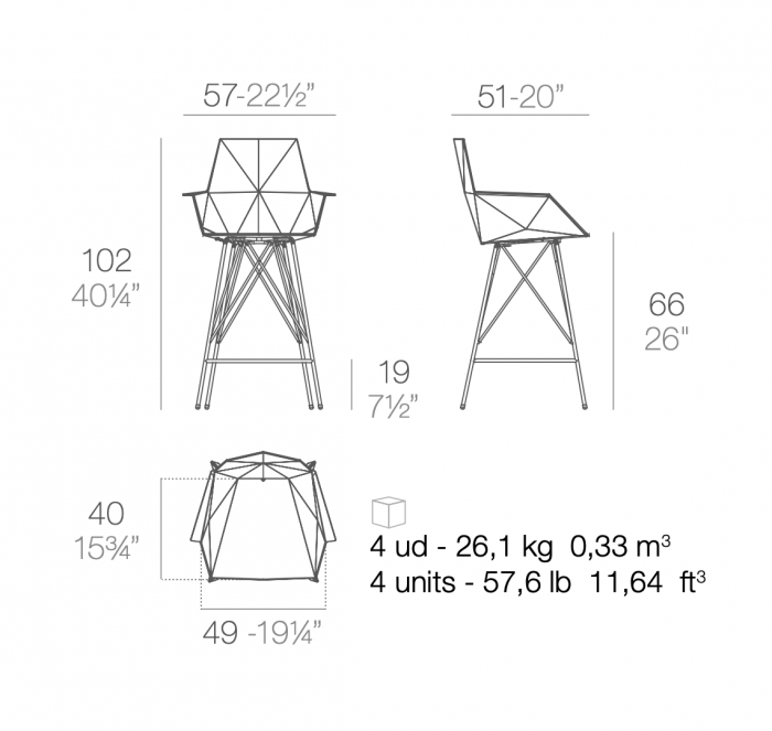 Scaun inalt de bar terasa Faz 57x51x102 cm cu brate, model modern geometric, baza metal, 54165 - Vondom [2]