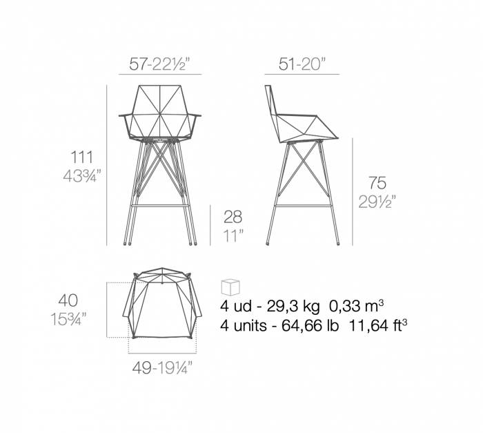 Scaun inalt de bar terasa Faz 57x51x111 cm cu brate, model modern geometric, baza metal, 54164 - Vondom [4]