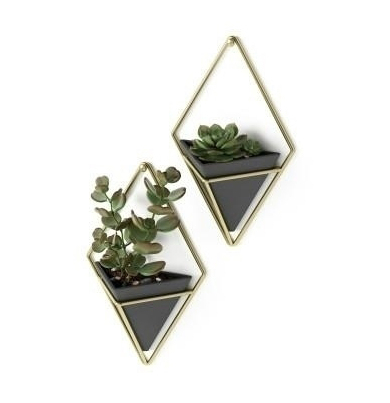 Set 2 ghivece ceramice perete Mauro in forma de triunghi, diverse culori, suport metalic auriu, design modern, 470753-1137 Black - King [4]