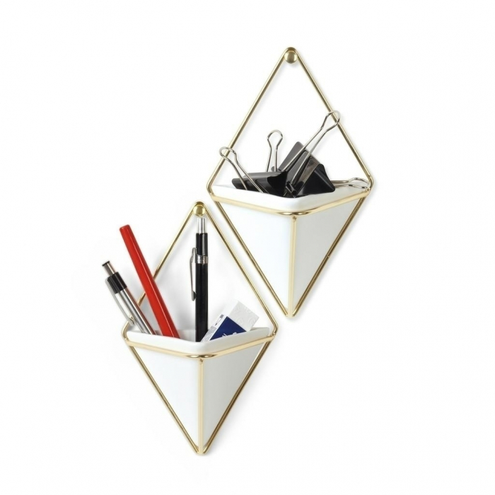 Set 2 ghivece ceramice perete Mauro in forma de triunghi, diverse culori, suport metalic auriu, design modern, 470753-1137 Black - King [9]