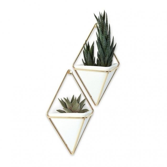 Set 2 ghivece ceramice perete Mauro in forma de triunghi, diverse culori, suport metalic auriu, design modern, 470753-1137 Black - King [6]