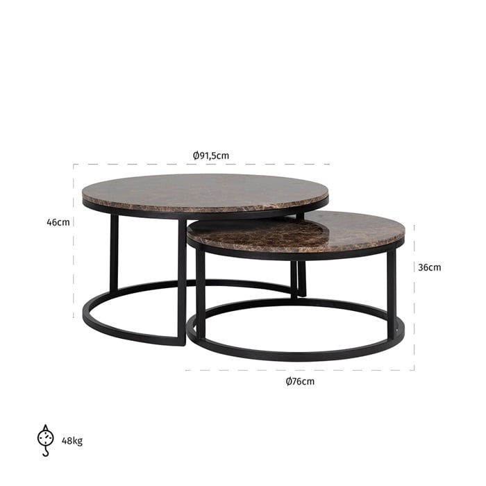 Set 2 masute cafea rotunde maro/alb Zuka premium, blat marmura cadru metal negru, 7051 - Richmond Interiors [12]