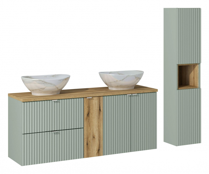 Set baie masca cu usi, corp central si sertare + lavoar si dulap coloana Line Reed Green 140 cm [2]