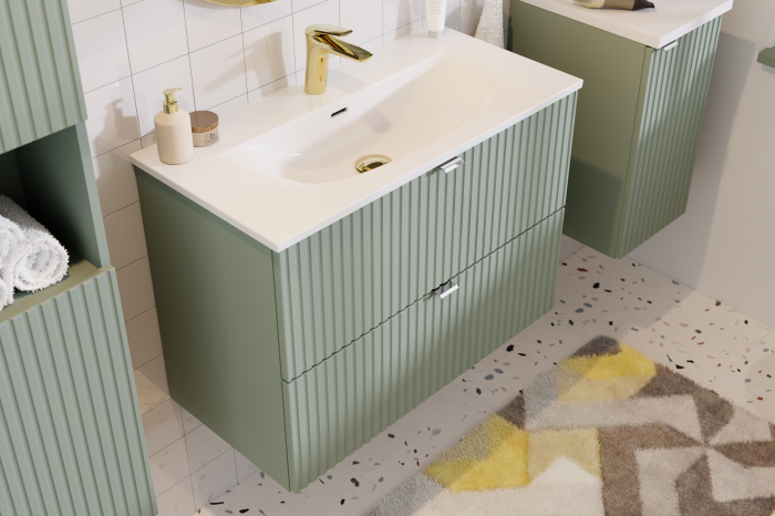 Set baie masca cu usi si sertare + lavoar si dulap coloana Line Reed Green 120 cm [5]