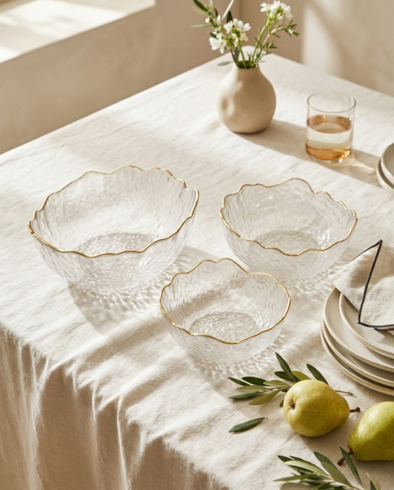 Set de 3 Boluri Bowls 15x15x13 cm, Sticlă Transparent Muchii Aurii - SHP [3]